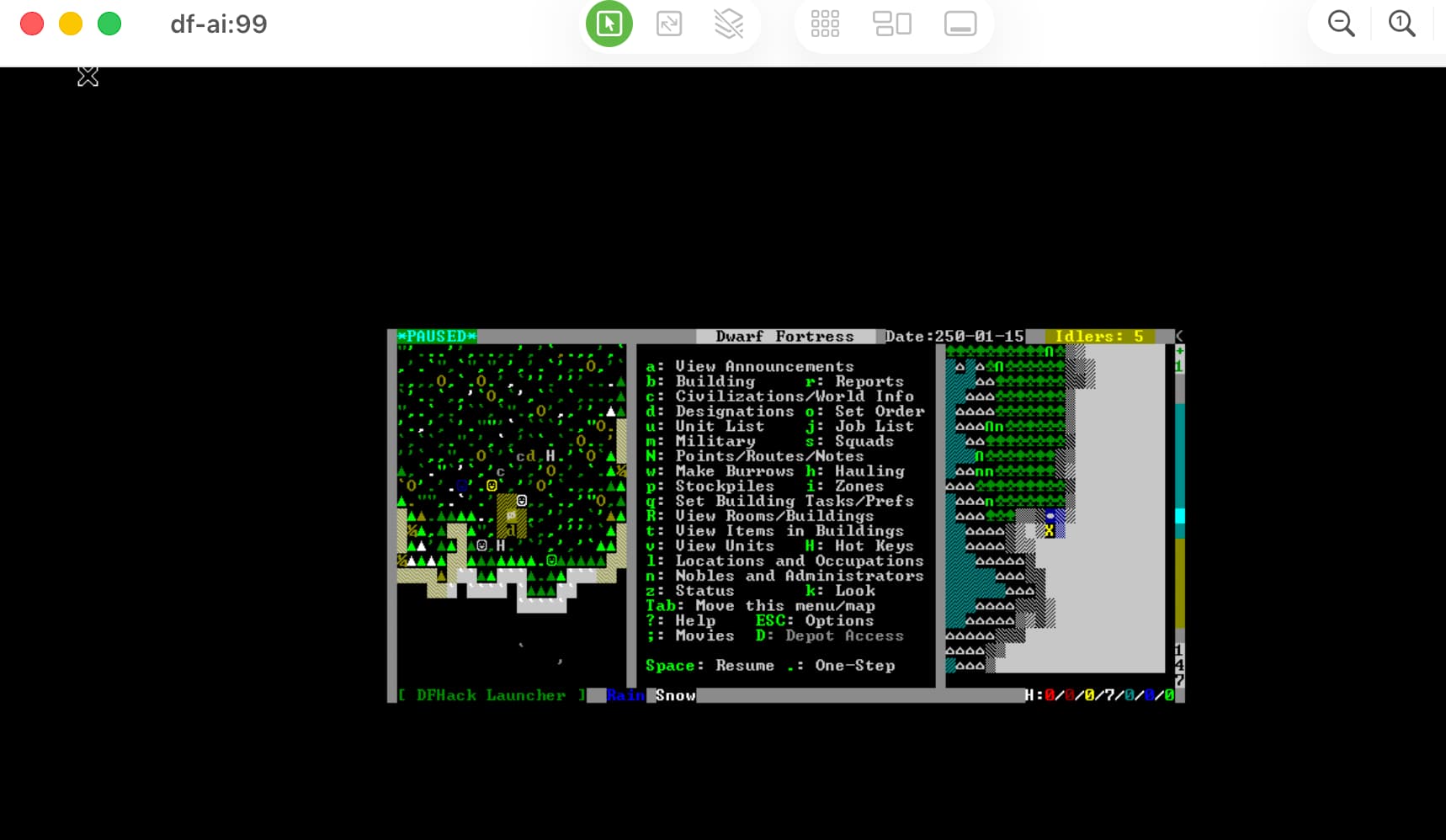 The fortress in TEXT mode — date 250-01-15, 5 idlers, farming level already dug